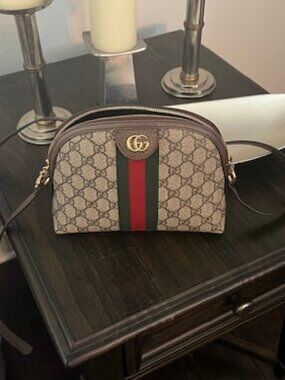 Gucci Ophidia GG Supreme Dome Crossbody Bag Small Beige Ebony Web Stripe